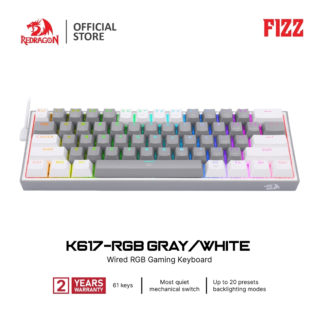 Redragon FIZZ K617 RGB  60% คีย์บอร์ดกลไก สีเทา-ขาว แบบมีสาย 61 คีย์ ไฟ RGB Backlight