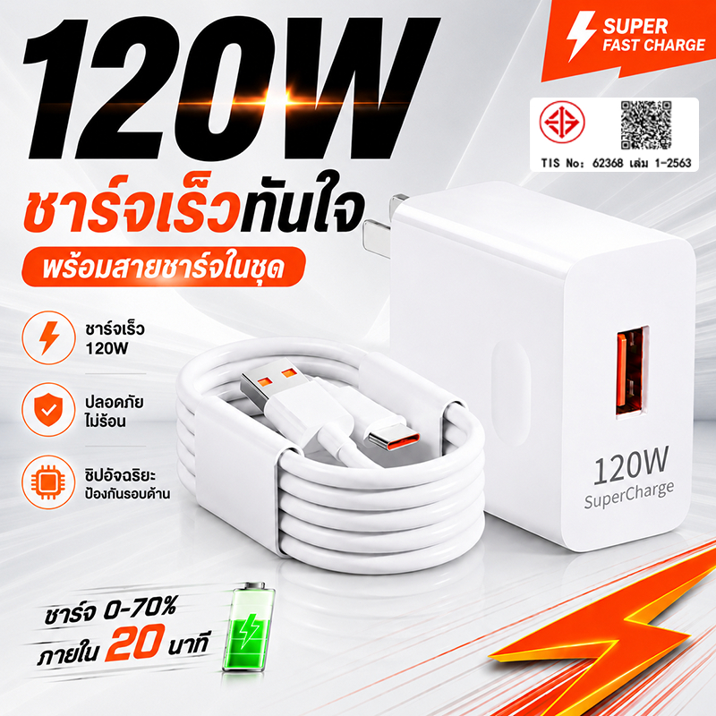 สินค้าแท้ดั้งเดิม 120W ชุดชาร์จเร็วสุด สายชาร์จ + หัวชาร์จ FASTCHARGER UsbC เหมาะสำหรับ รับประกัน1ปี