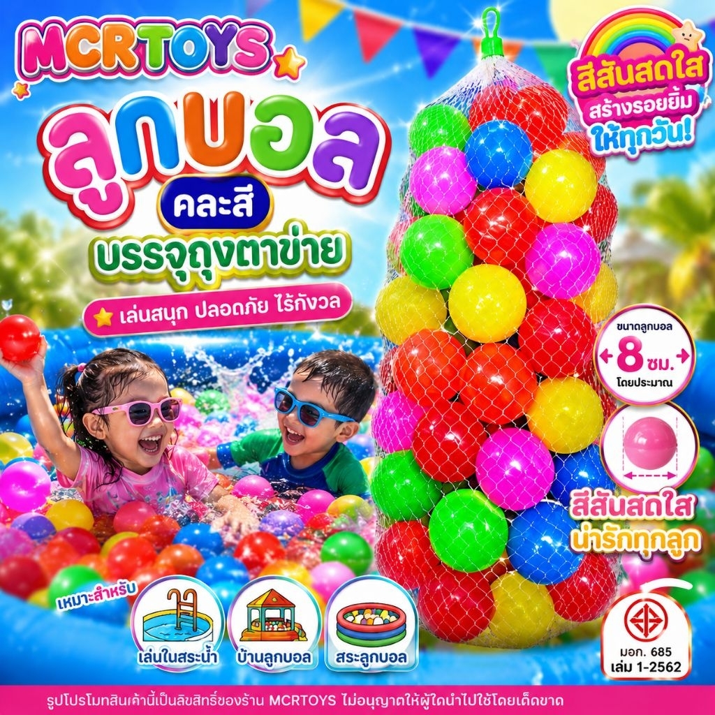 ลูกบอลคละสี สำหรับเล่นในสระน้ำหรือบ้านลูกบอล ขนาด 8 cm มีเก็บปลายทาง