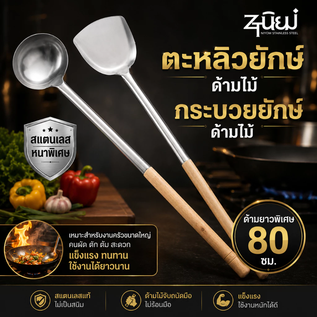 ตะหลิว-กระบวยใหญ่ ด้ามไม้ยาวพิเศษ ขนาด 80 cm ตะหลิว-กระบวย เหมาะสำหรับ ประกอบอาหารจำนวนเยอะ พร้อมส่งในไทย