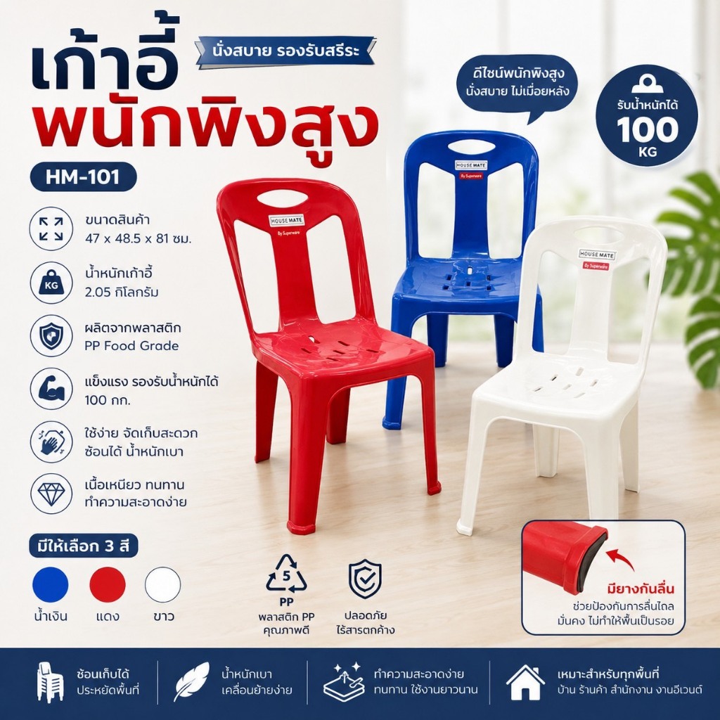 HM-101 เก้าอี้พลาสติกสูง มีพนักพิง จำกัดการสั่งซื้อ 1ออร์เดอร์ ไม่เกิน12ตัว ( พร้อมส่ง )