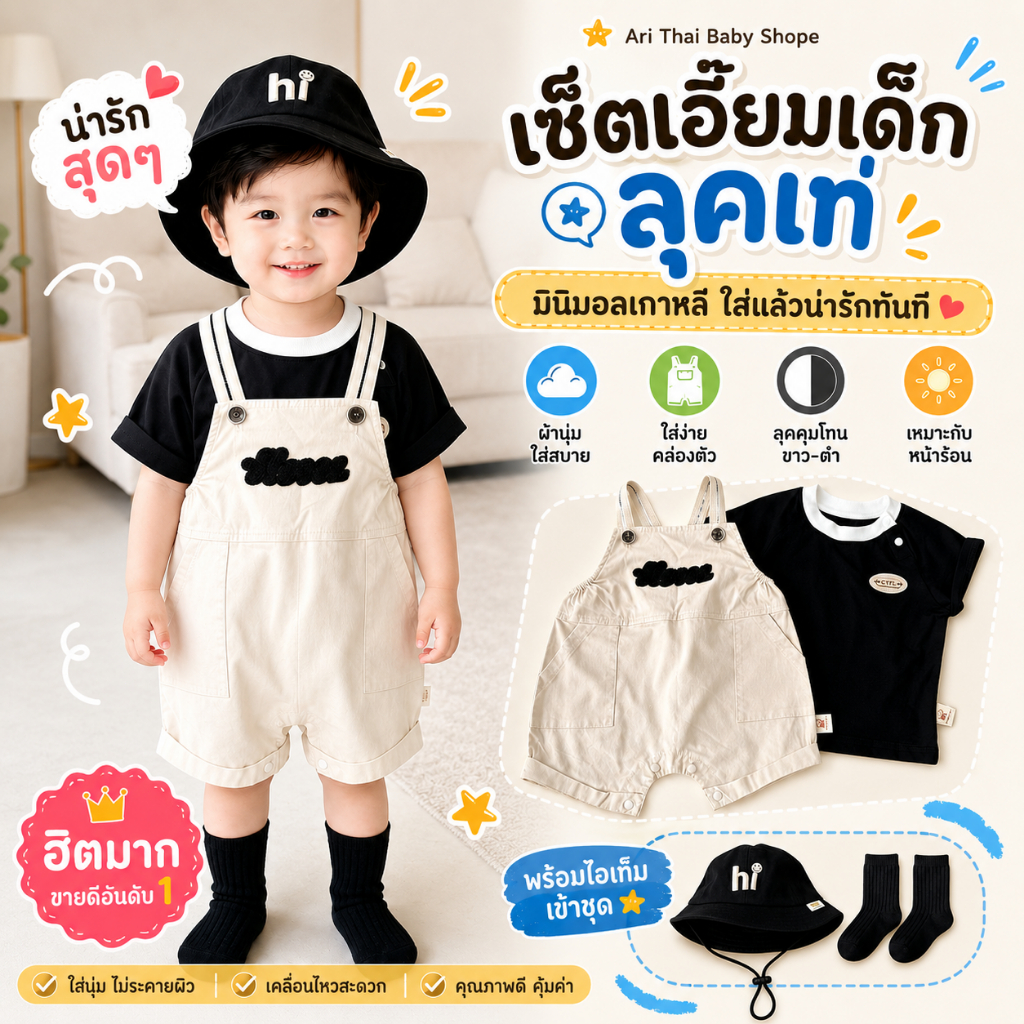 เซตเอี๋ยมมินิมอลเด็ก 4 ชิ้น ผ้านุ่มใส่สบาย พร้อมหมวกปัก hi และถุงเท้า ใส่ได้ทุกวัน