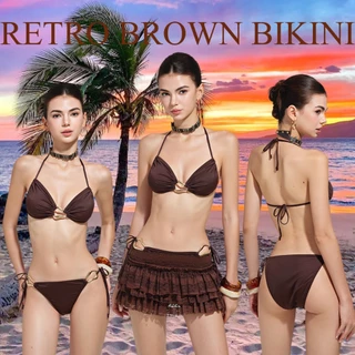 ชุดว่ายน้ำ bikini ลายสก็อต สไตล์โบฮีเมียน เรโทร สีน้ำตาล เมลาร์ด ชุดไปทะเล ฤดูร้อน สไตล์หลากหลาย