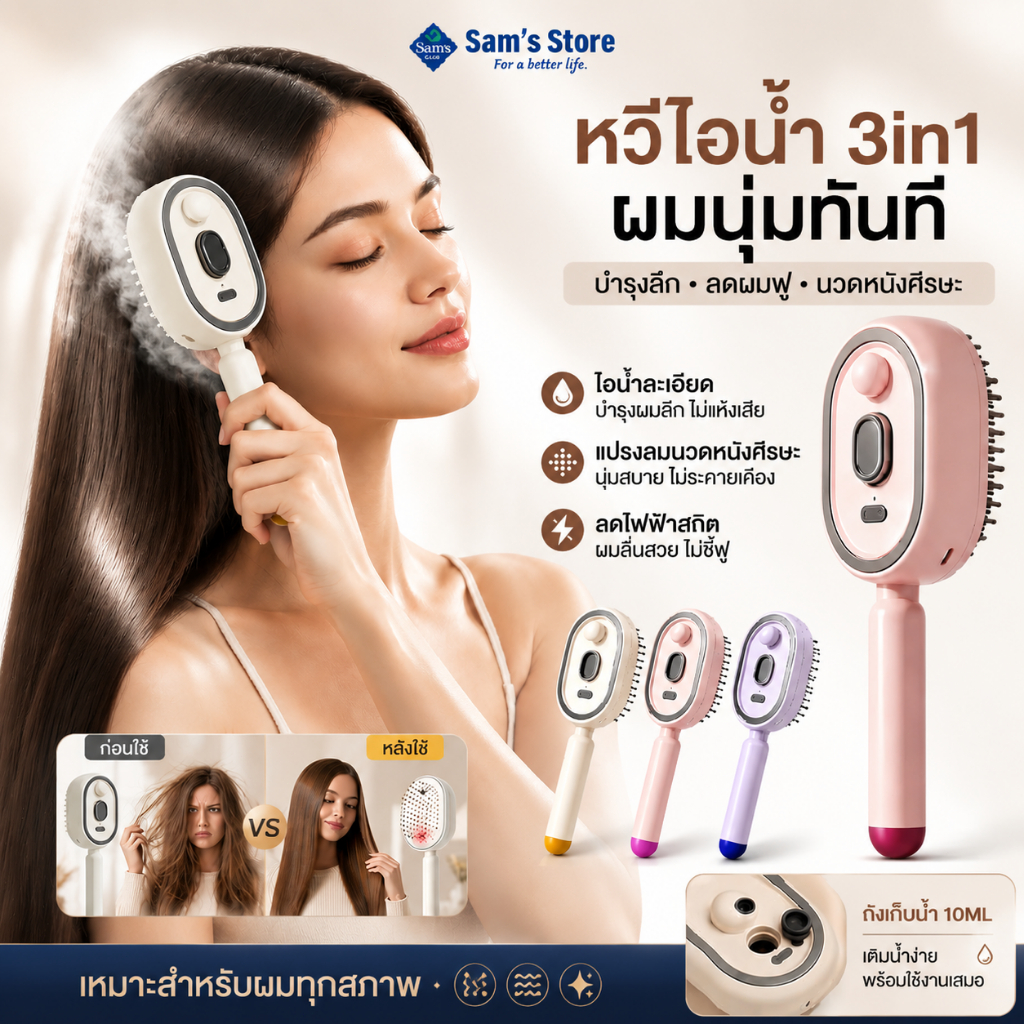 Sam's 3IN1หวีไฟฟ้าไร้สายพกพาบำรุงเส้นผม หวีนวดน้ํามันหอมระเหย หวีผมป้องกันไฟฟ้าสถิตย์ แปรงนวดหนังศีรษะกระตุ้นรากผม