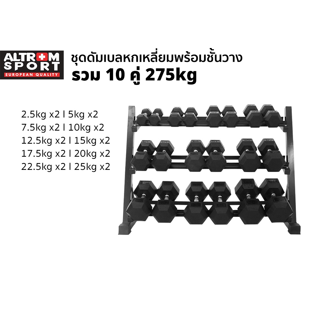 Altrom Sport ดัมเบลเหล็กหกเหลี่ยม พร้อมชั้นวาง 275 kg Hex Rubber Dumbbell Set with Rack Total 275 kg