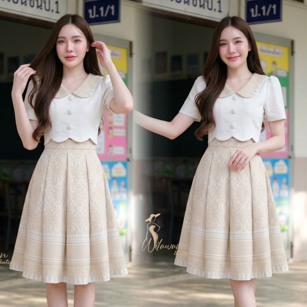 N853 (S M L รอตัด 2-3 วันค่ะ)ชุดเดรสผ้าฝ้ายทอลาย แต่งคอผีเสื้อ กระโปรงบาน 8 ชิ้น อัดกาวทั้งชุด ทุกชิ้น ซิปซ่อนด้านหลัง
