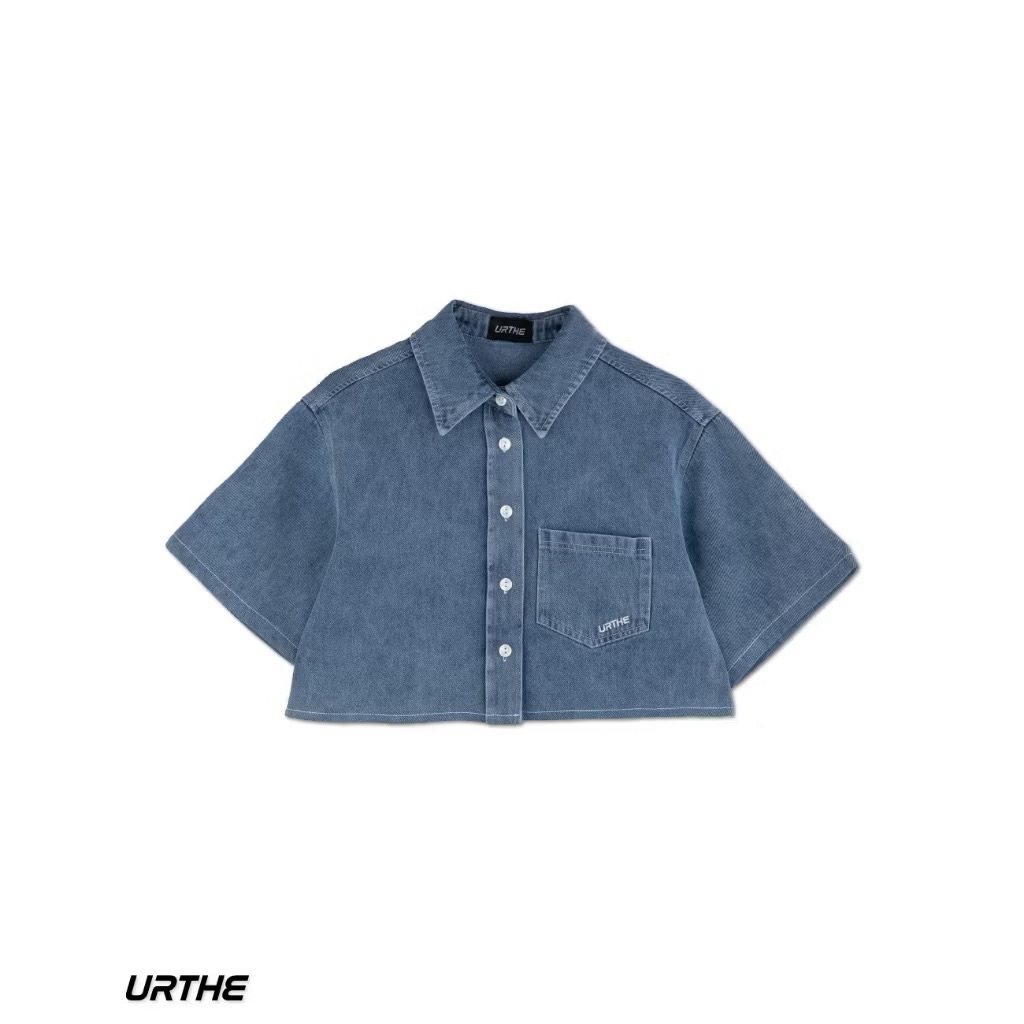 URTHE - เสื้อเชิ้ตครอปยีนส์ แขนสั้น รุ่น DEMINIM