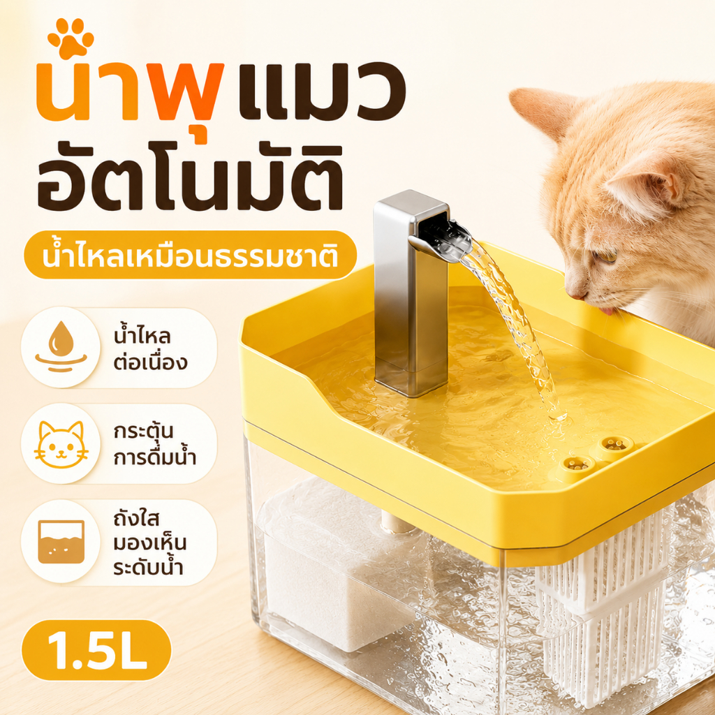 น้ำพุแมวอัตโนมัติ 1.5L เครื่องให้น้ำแมว กรองน้ำสะอาด ระบบไหลเวียน เสียงเงียบ ใช้งานง่าย แมวและสุนัข