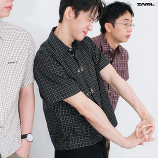 ZAMIO Lattice shirt เสื้อเชิ้ตแขนสั้นทรง boxy กระดุมตะขอจีน