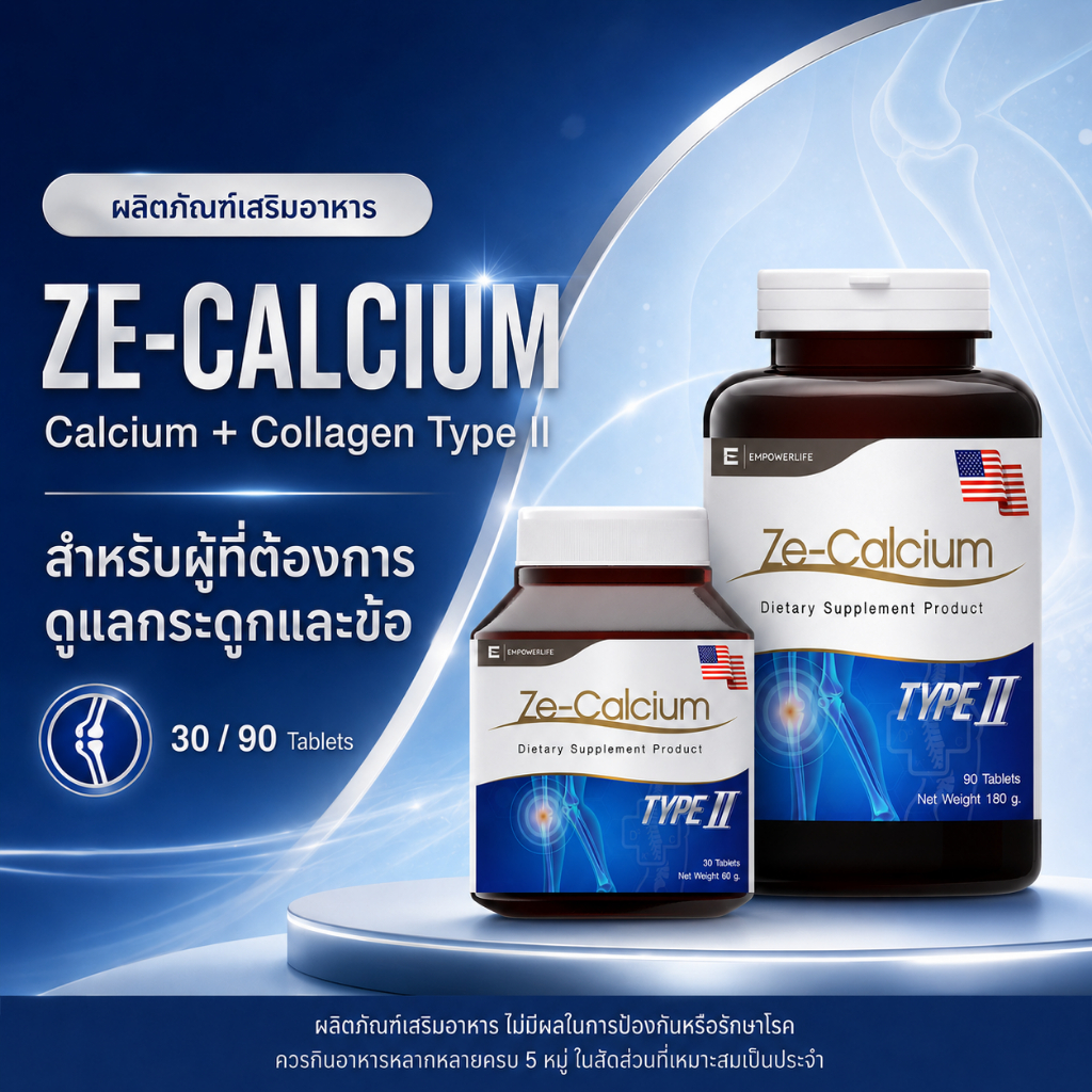 Ze-Calcium 90 เม็ด collagen type II คอลลาเจนไทพ์ทู คอลลาเจน กระดูก calcium แคลเซียม ลดปวดข้อต่อ