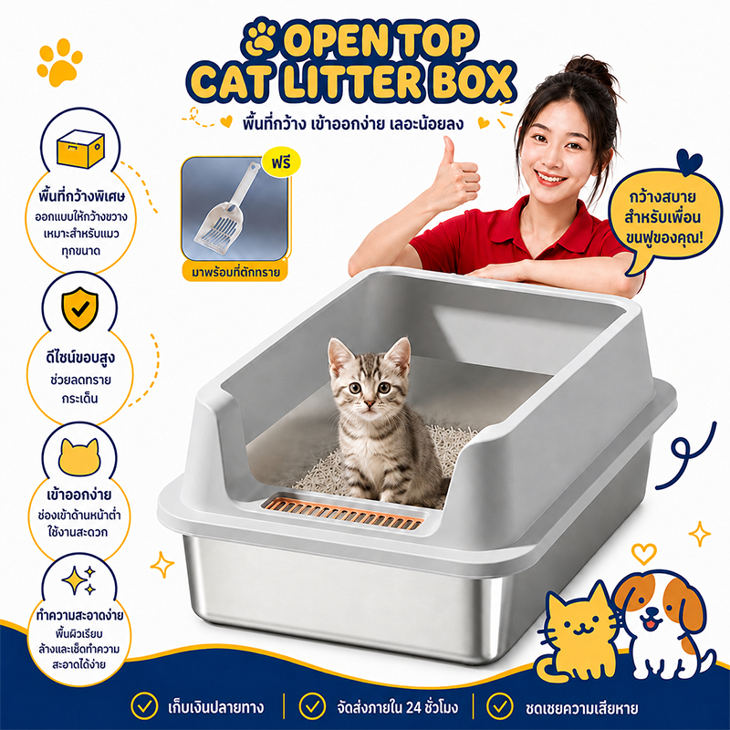 ห้องน้ำแมวตัวใหญ่ ห้องน้ําแมวใหญ่ สแตนเลส ขอบกันทรายสูง cat litter box ห้องน้ำแมวขนาดใหญ่ ห้องน้ำแมว ทำความสะอาดง่าย