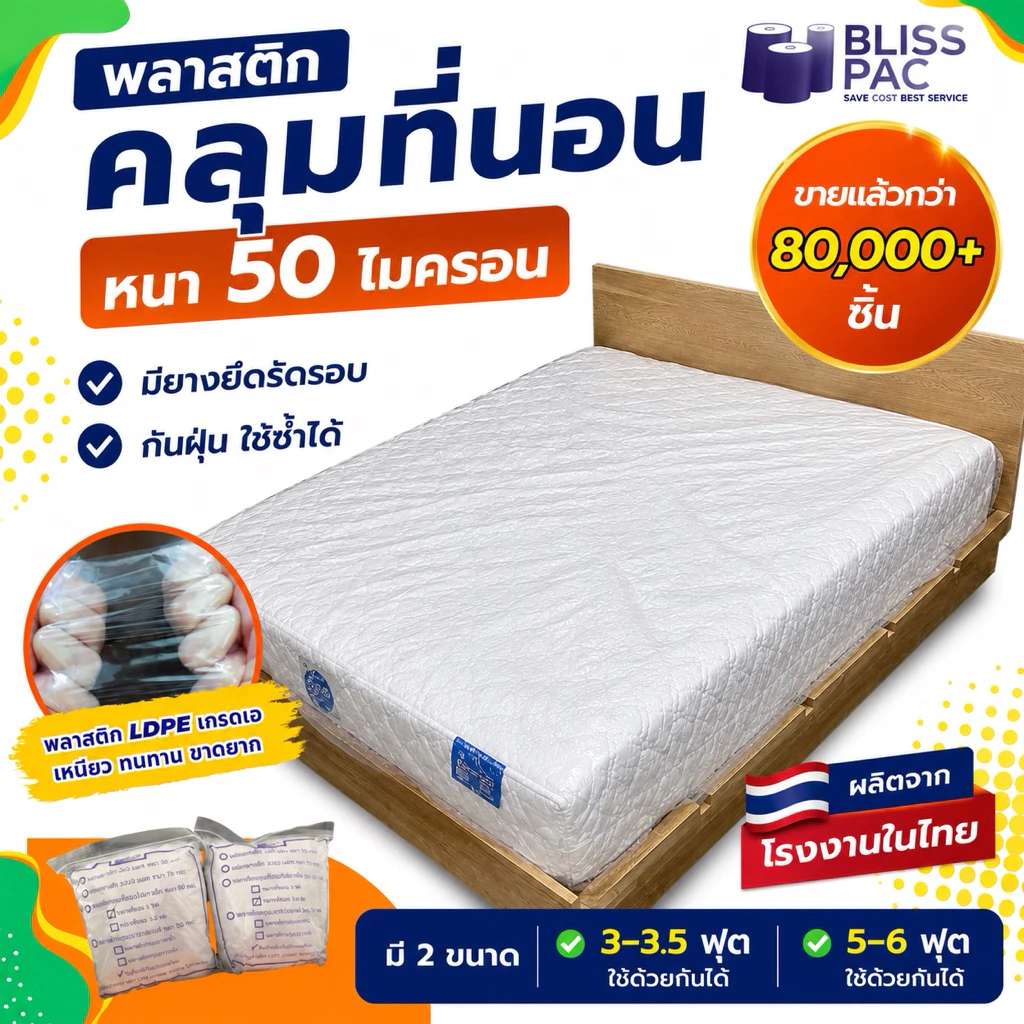 ถุงคลุมที่นอน พลาสติกกันฝุ่น มียางยืด หนา 50 Micron