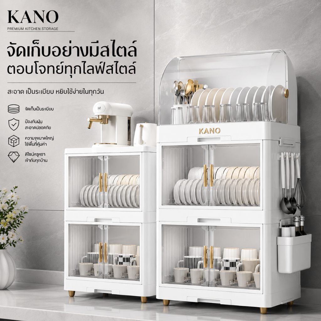 KANO ตู้ใส่จาน รุ่นอัพเกรด ที่คว่ำจานมีฝาปิด 1-4ชั้น ที่คว่ำจานมีฝาปิด ตู้เก็บจานชาม ชั้นวางของในครัว