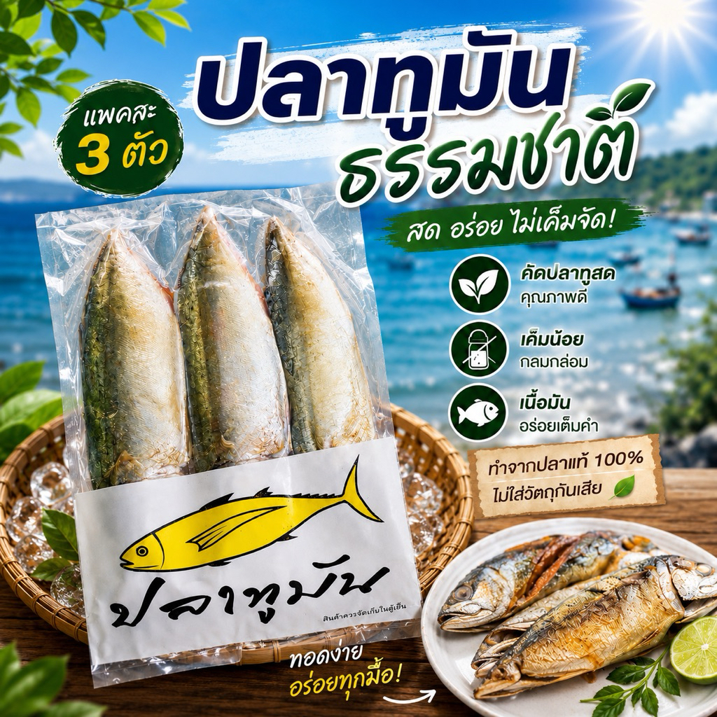 ปลาทูมัน เค็มน้อย เนื้อแน่น ไม่เละ ทอดหอมอร่อย แพ็ค 3 ตัว