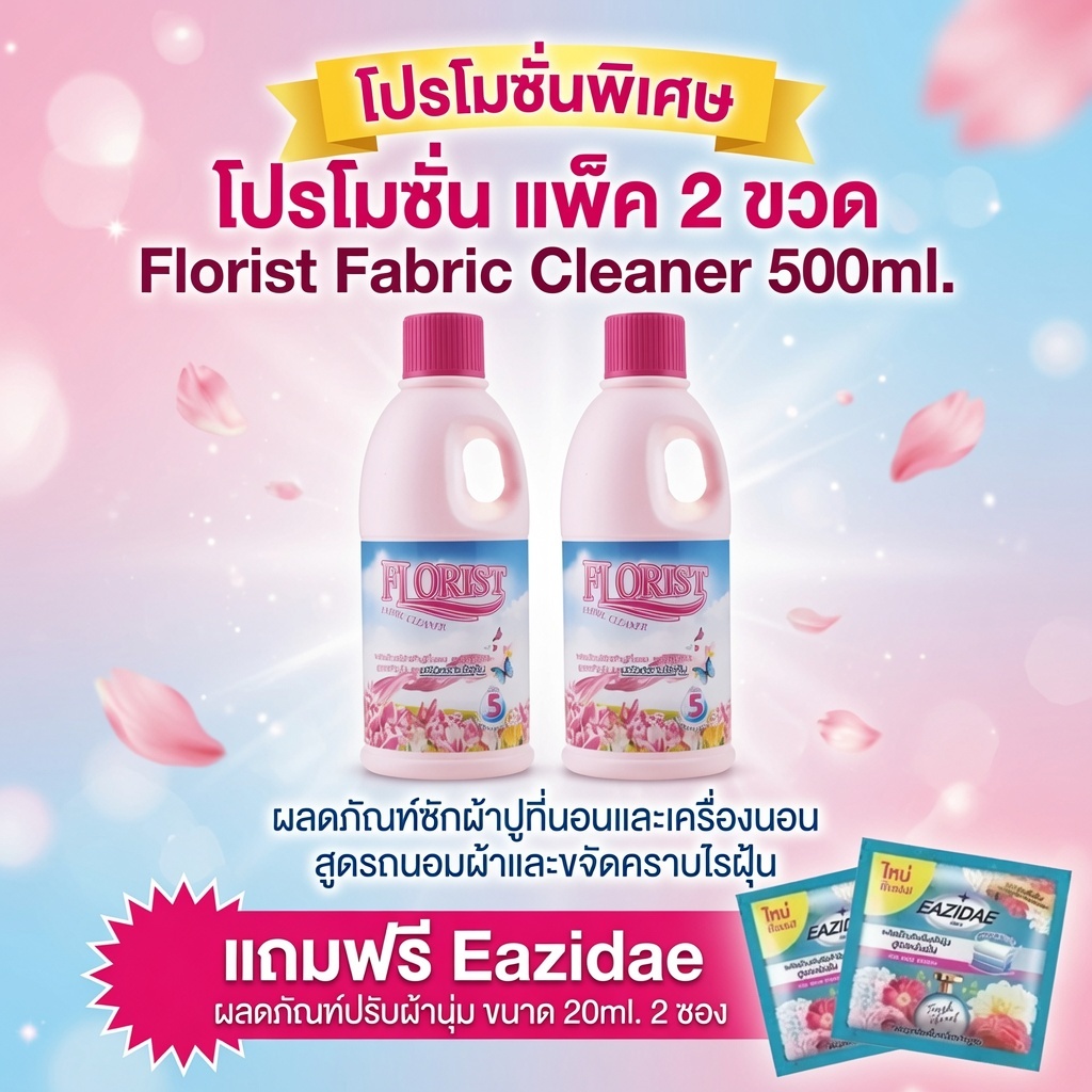 โปร แพ็ค 2 ขวด Florist Fabric Cleaner 500ml. ผลิตภัณฑ์ซักผ้าปูที่นอน สูตรขจัดคราบไรฝุ่น ฟรี Eazidae ปรับผ้านุ่ม 20ml. 2