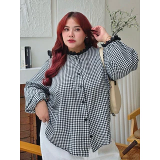 (ส่งด่วน) Scotch Korea Shirt เสื้อเชิ้ตแขนพองลายสก๊อต แต่งลูกไม้ Bigsize อก 40-66” (PT)