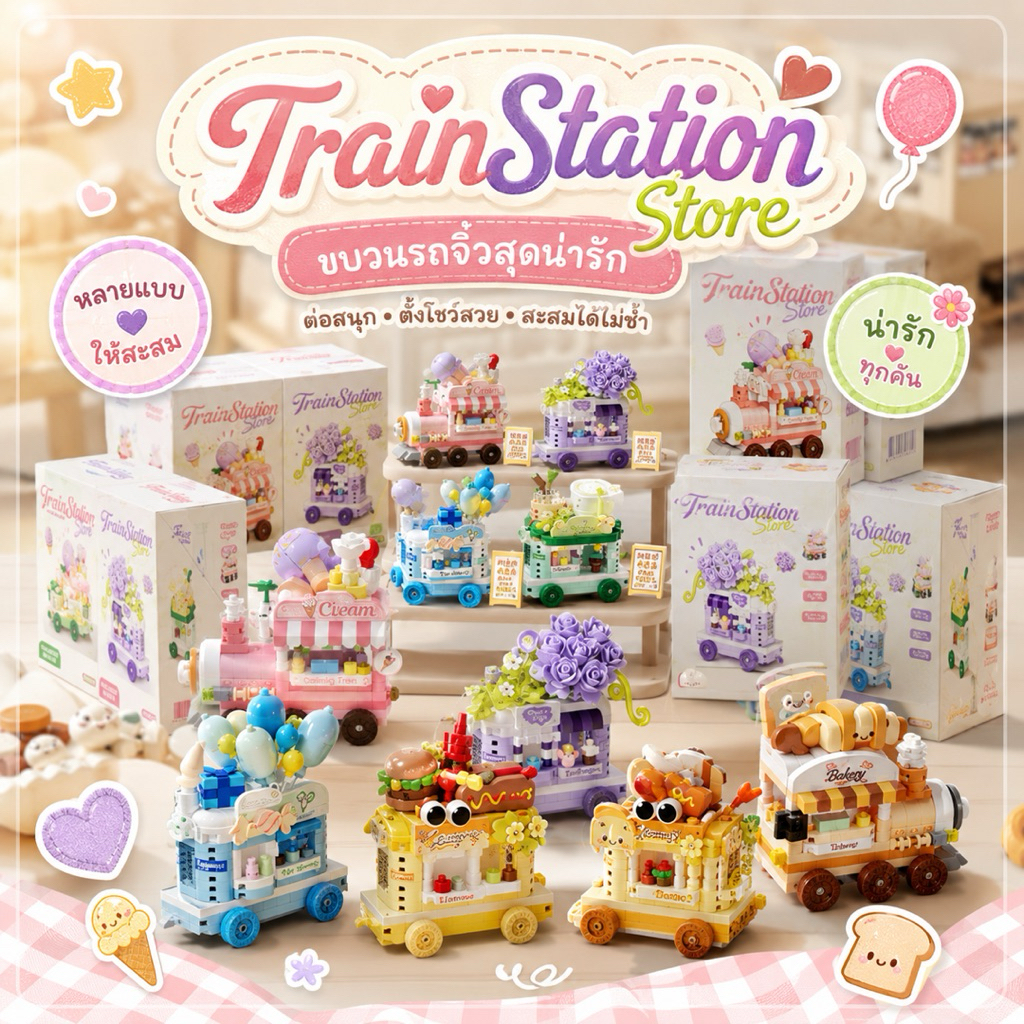ตัวต่อน่ารัก Train Station Store ชุดรถไฟมินิ ของสะสม DIY ต่อสนุก ตั้งโชว์สวย