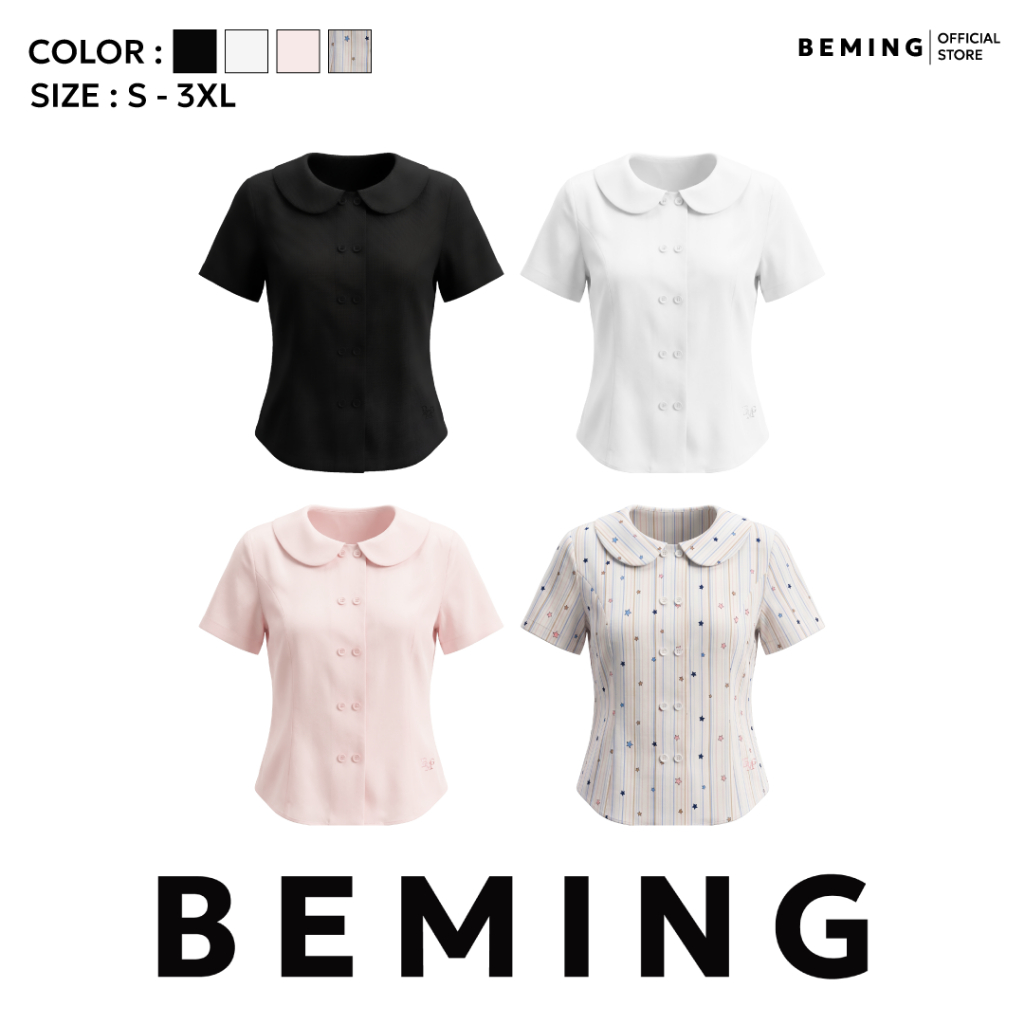 Bemingtop1227(S-3XL)-Patter Top - เสื้อคอบัวดีไซน์เรียบหรู เพิ่มความโดดเด่นด้วยกระดุมสองแถว