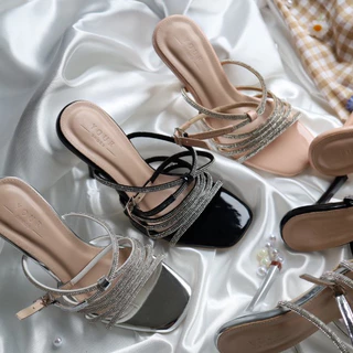 YOURSHOES B73 (เท้าอวบ +เพิ่ม 1ไซส์) / รองเท้าส้นสูง 4 นิ้ว แต่งเพชร รองเท้าผู้หญิง รองเท้ารัดข้อ