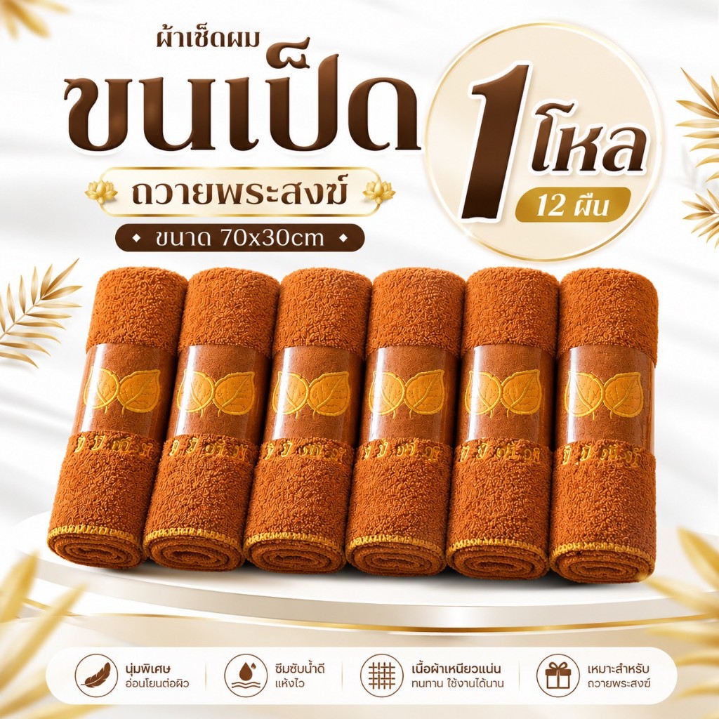 (1โหล)ผ้าเช็ดผมพระมั่งมีศรีสุข 30*70cm.