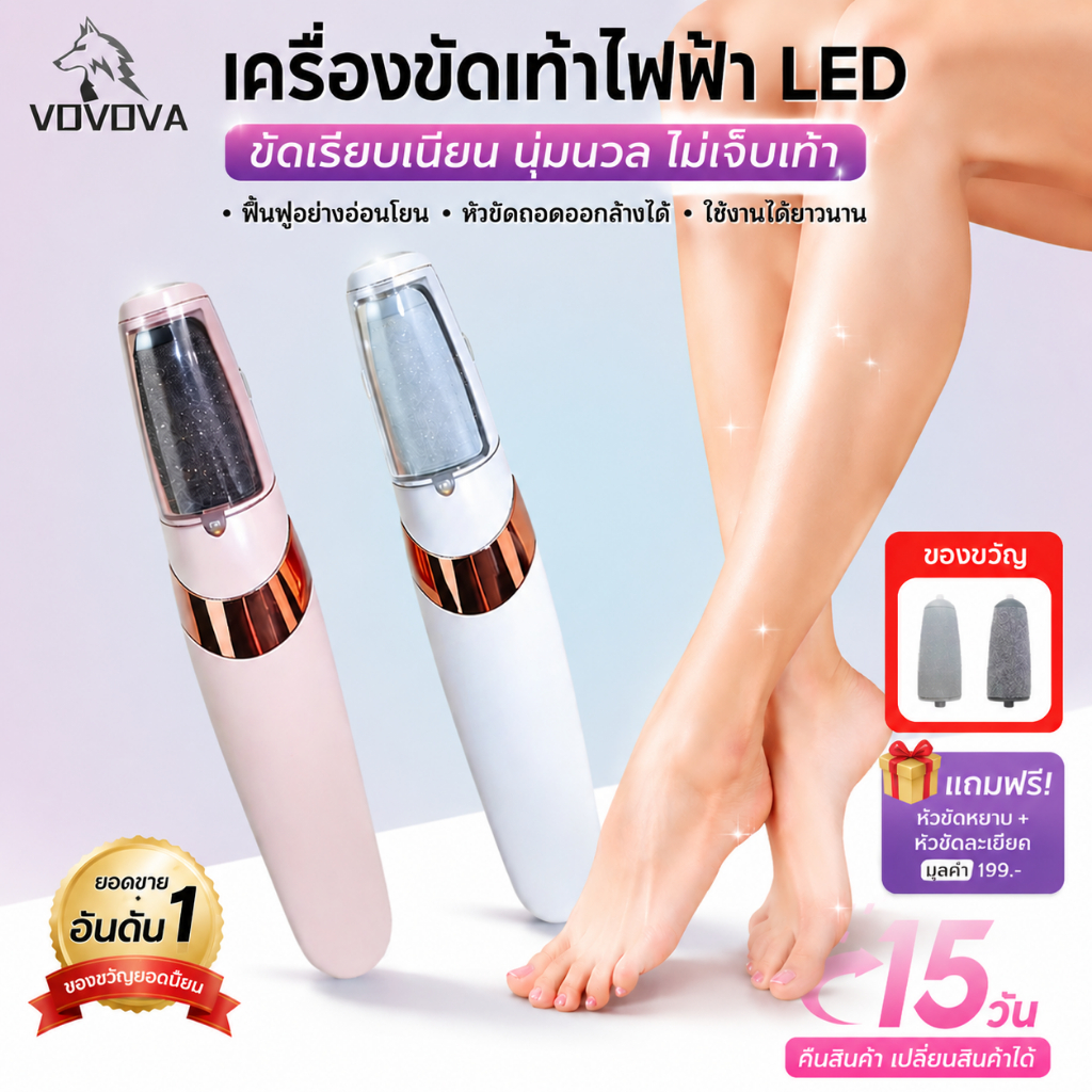 VOVOVA เครื่องขัดเท้าไฟฟ้ามืออาชีพ 2 หัวขัดปรับระดับ ไฟ LED แบตลิเธียม ถอดล้างน้ำได้ ความเร็วสูง กำจัดผิวแข็งด้าน