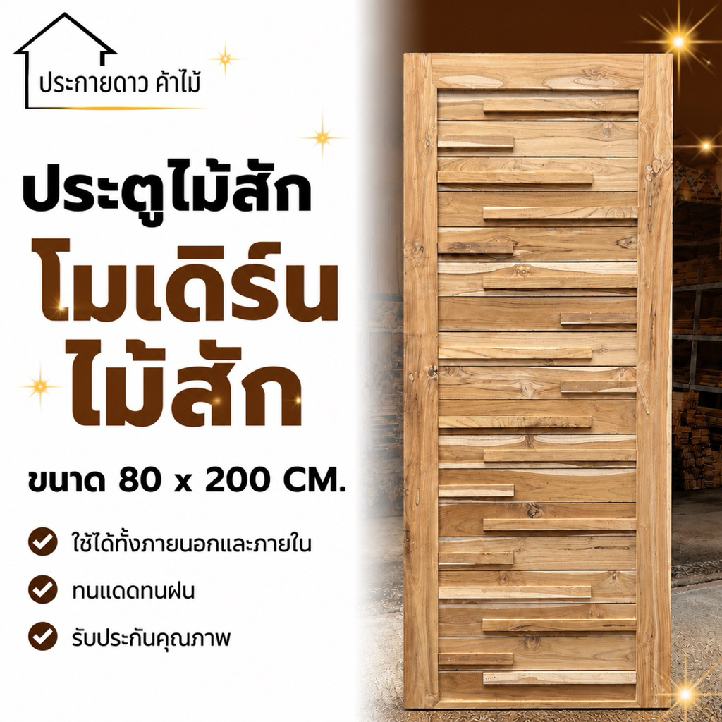 NEWประตูโมเดิร์นไม้สักติดซี่ไม้แนวนอนทั้งบาน 80x200,80x180 ขอบประตูขอบ 4นิ้ว หนา 1.5 นิ้ว