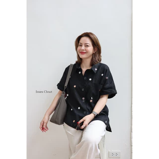 เสื้อลินิน รุ่น Poppii Shirt #ลาย Dot-พื้นดำ