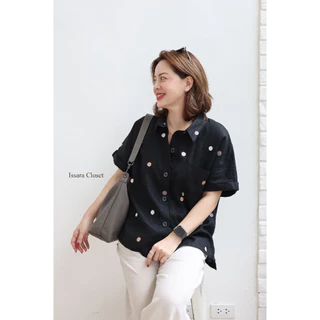 เสื้อลินิน รุ่น Poppii Shirt #ลาย Dot-พื้นดำ