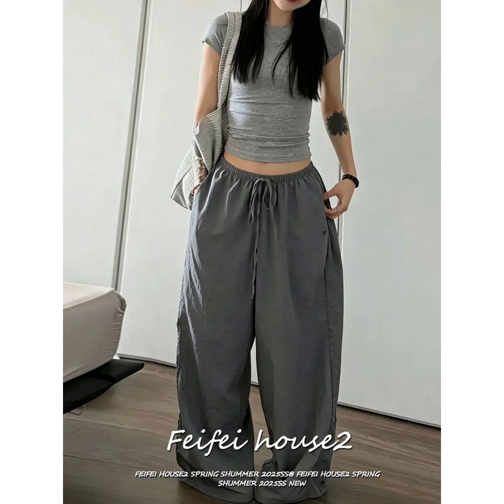 [Feifei-Simple Embroidered Trousers]กางเกงขายาวผ้าแห้งเร็วฤดูร้อนสไตล์ลำลองเรียบง่ายปักลาย