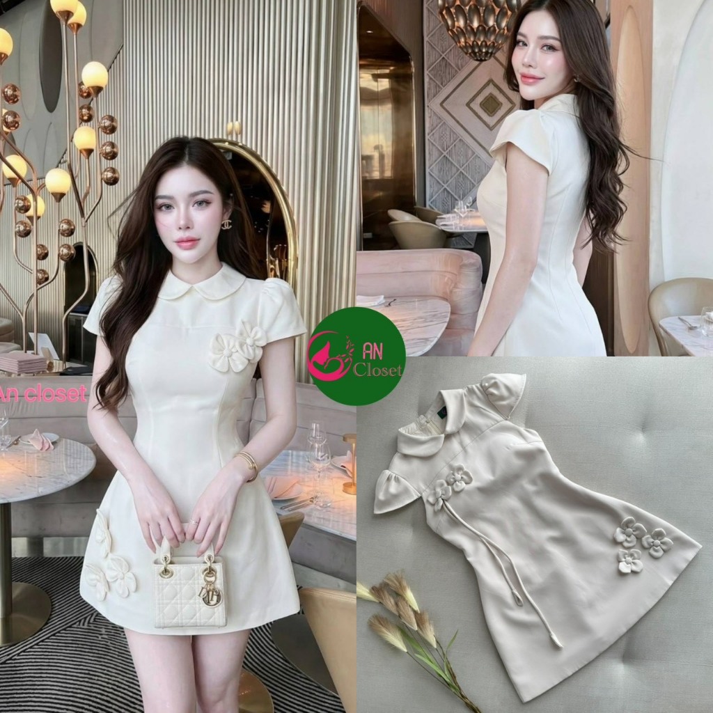 An closet มินิเดรส คอบัวแขนสั้น สีครีม