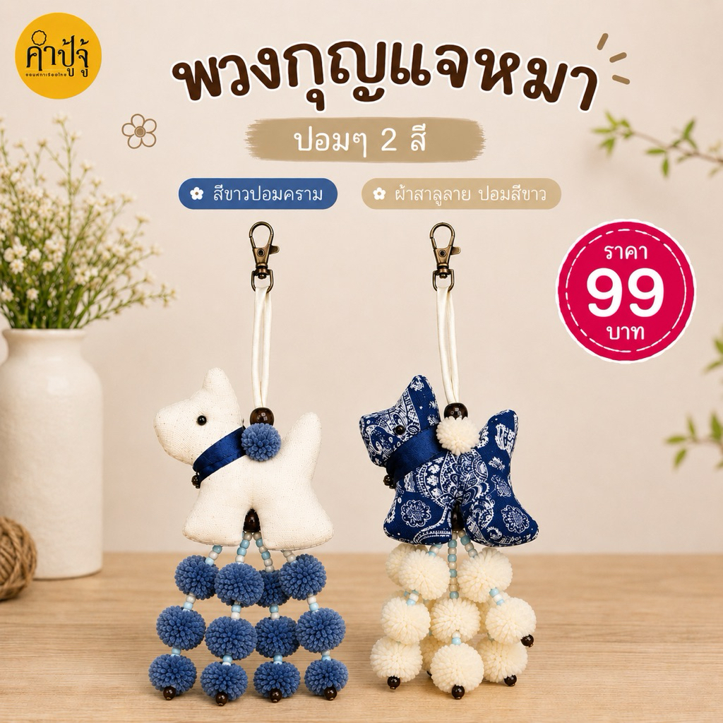 พวงกุญแจหมา ปอมๆ4พวง ปอมขาว ปอมคราม