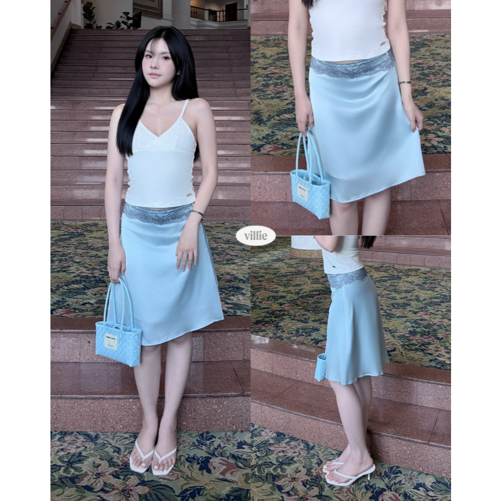 villie Sky Midi Skirt กระโปรงมิดิสีฟ้าดีเทลขอบลูกไม้