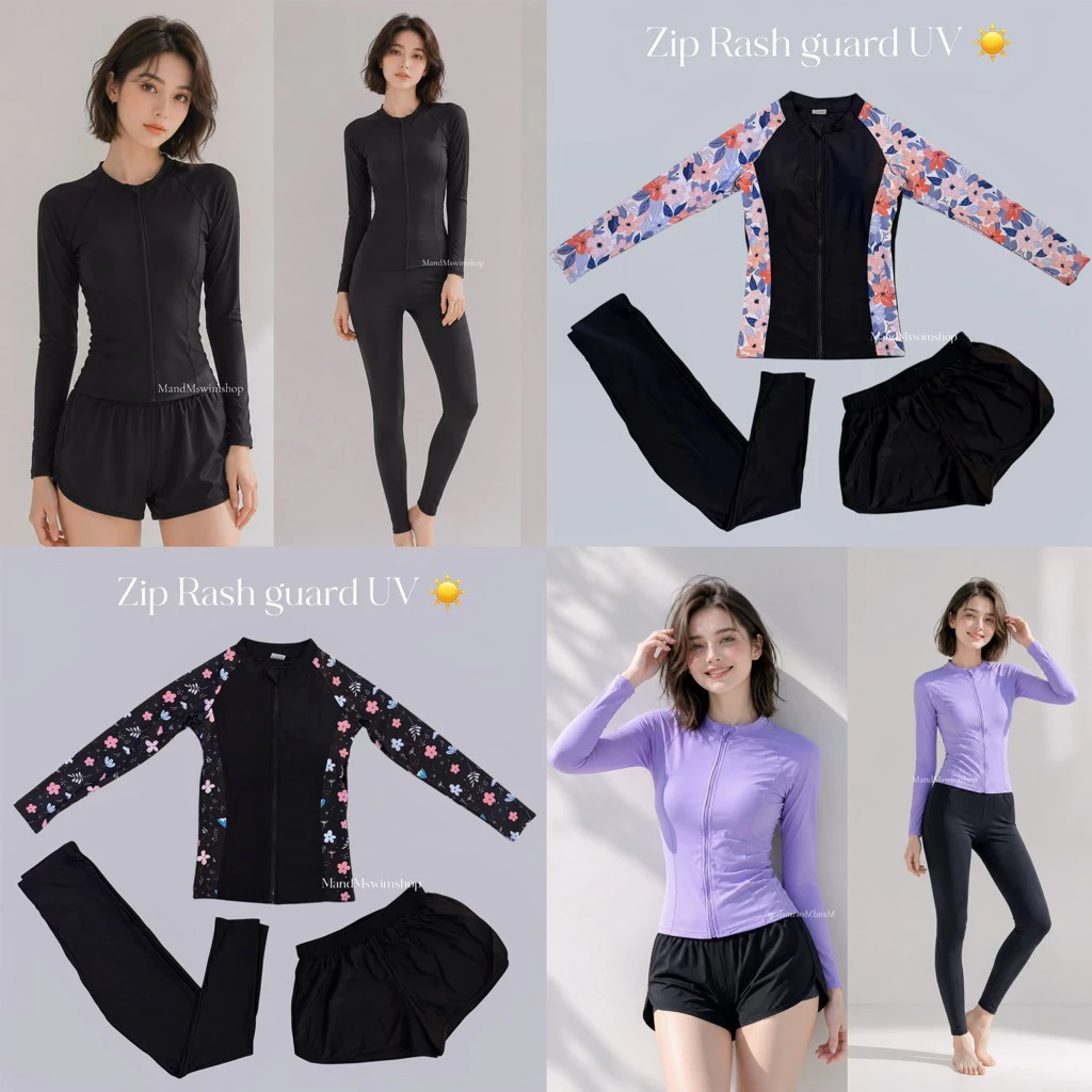 Zip Rash guard UV ชุดว่ายน้ำผู้หญิงซิปหน้าแขนยาวใส่คู่กับกางเกงว่ายน้ำขาสั้รทรงสปอร์ตหรือกางเกงว่ายน้ำขายาว M-5XL