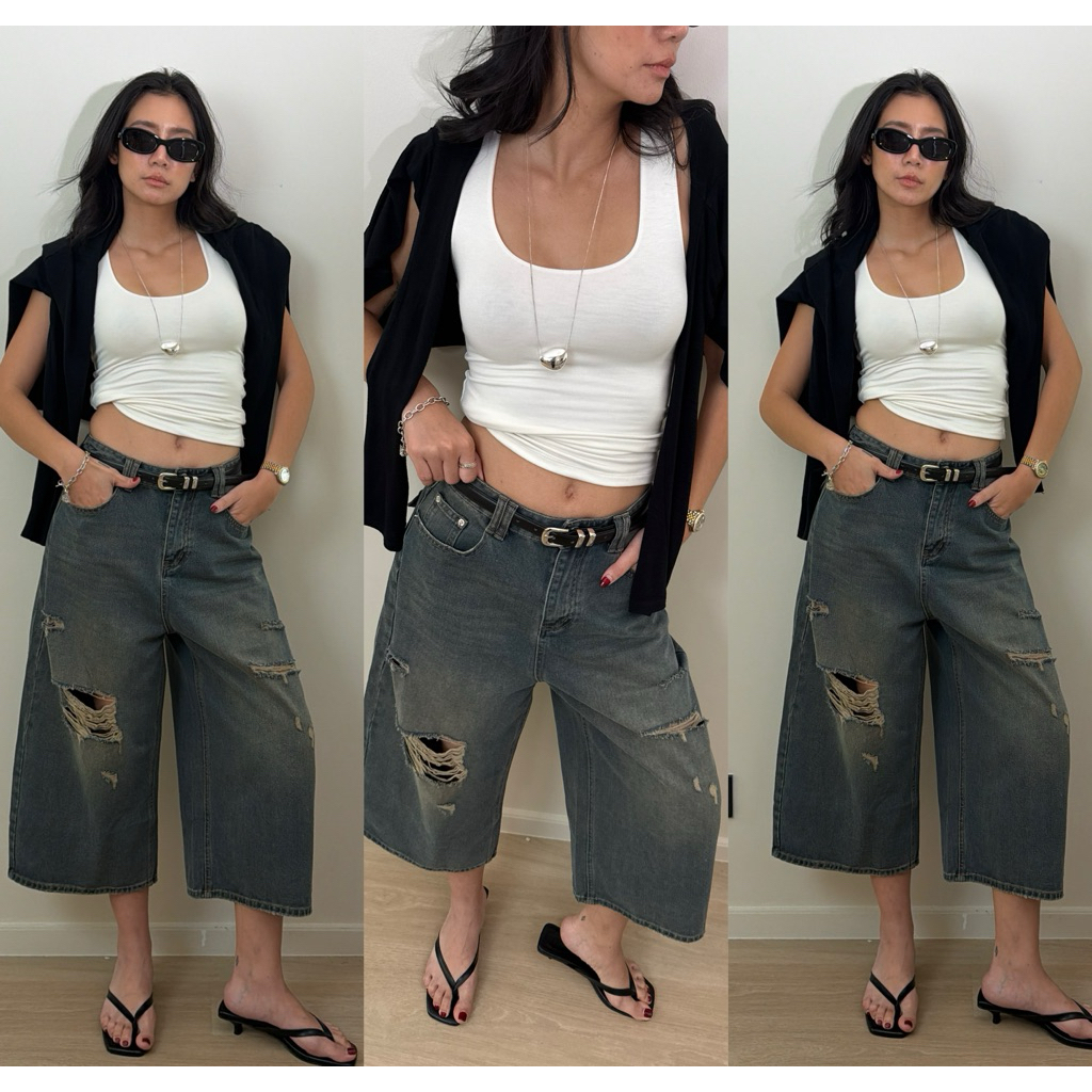 Atipashop - Elodise Jeans - กางเกงยีนส์ 5 ส่วน ขากว้าง เอวสูง แต่งขาดเซอร์ ยีนส์แนวสตรีท ยีนส์ทรงบอยใหญ่สไตล์เกาหลี