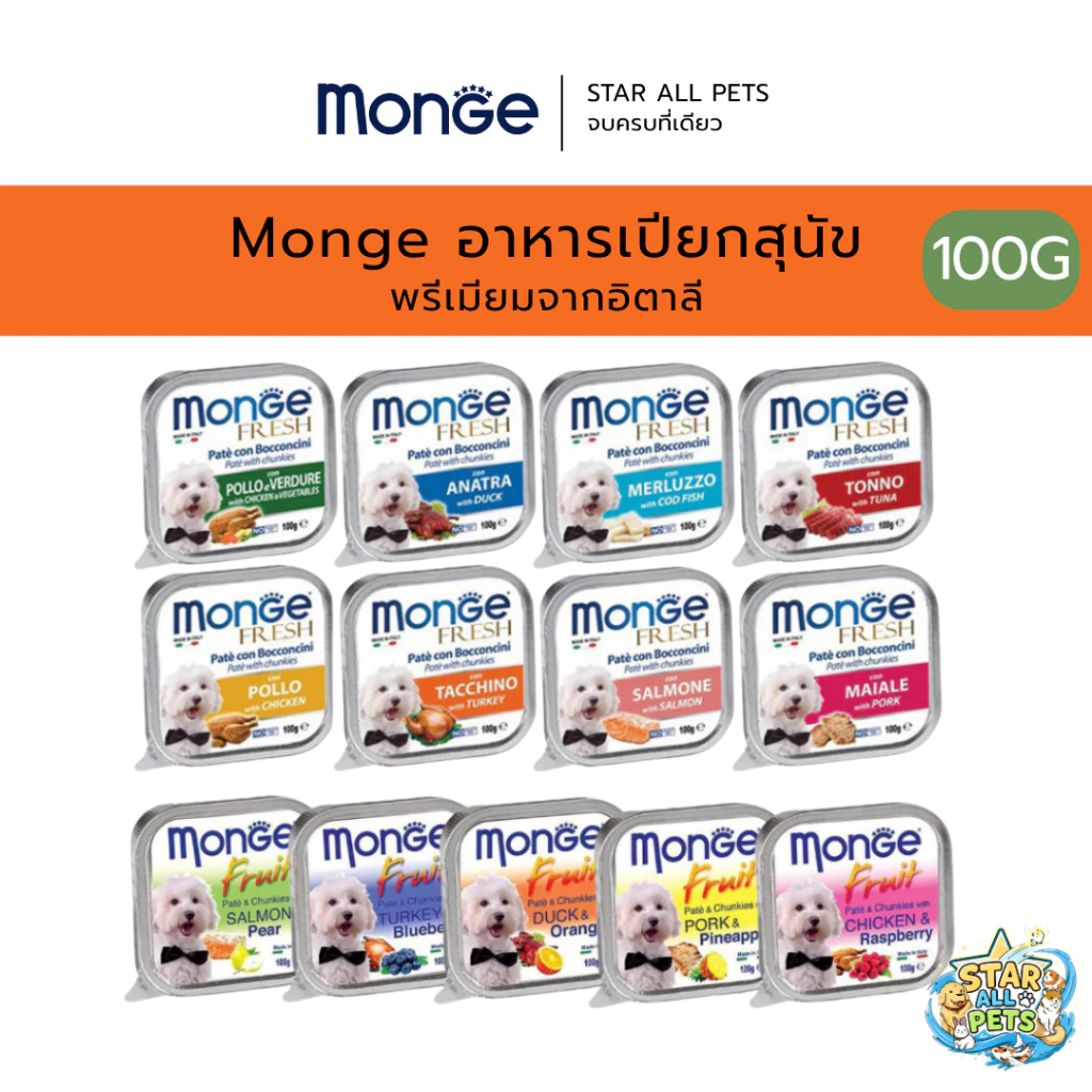 Monge Fruit & Monge Fresh มองเจ้ อาหารสุนัขชนิดเปียก พรีเมียมจากอิตาลี🇮🇹 ชนิดถาด 100g