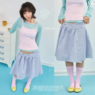 Flora_SP124 กระโปรงสก็อตเอวยางยืด ทรงเอไขว้หน้า กระดุมหัวใจ มีซับ ใส่สบายสไตล์เกาหลี
