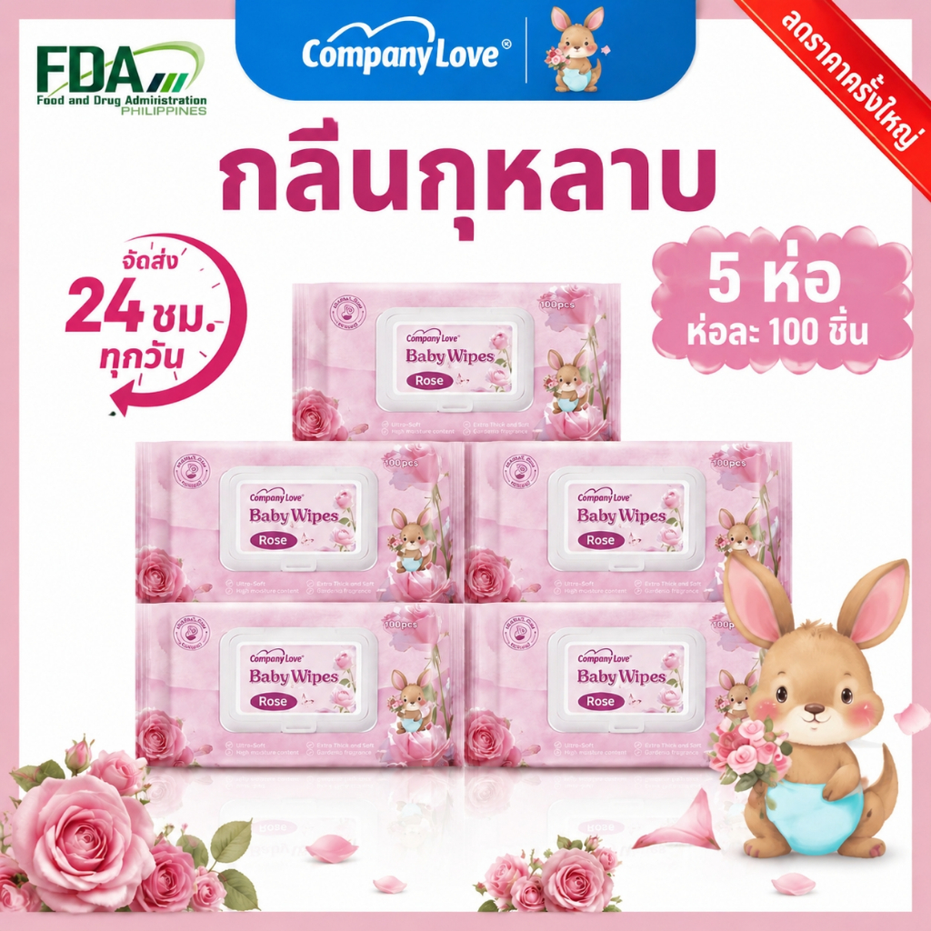Company Love Baby Wipes ทิชชู่เปียกเด็ก ห่อใหญ่ 500 แผ่น กลิ่นกุหลาบ Rose สูตรอ่อนโยน ผ้านุ่ม สำหรับเด็กแรกเกิด เด็กผู้ช