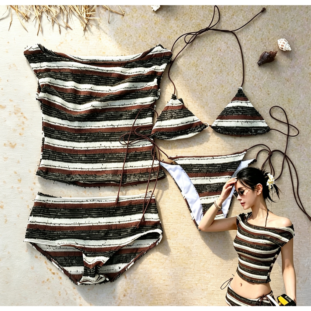 ส่งไวจากไทย บิกินี่4ชิ้น เซ็กซี่ เสื้อเปิดไหล่ลายทาง เรโทร ใส่เที่ยวทะเล Bikini ชายหาด ผ้าคลุมกันแดด