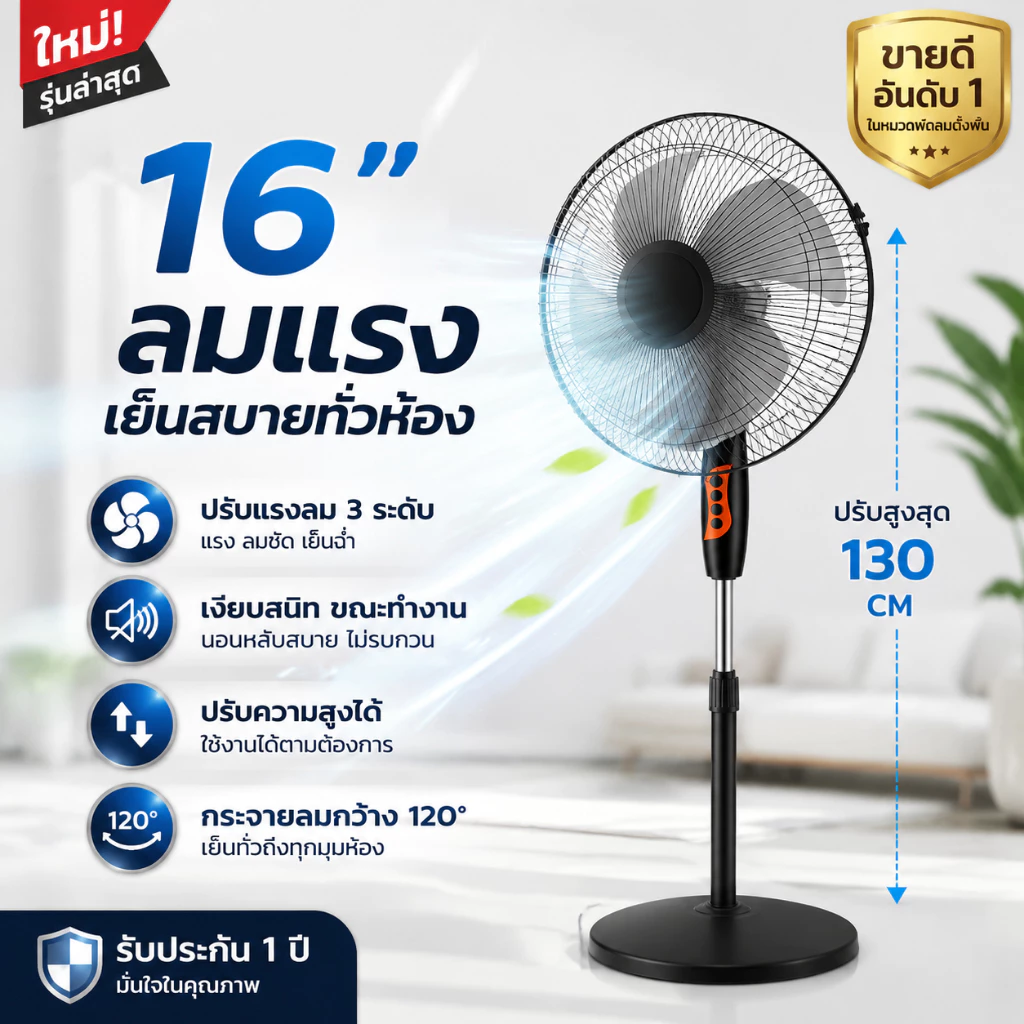พัดลมตั้งพื้น พัดลม 16นิ้ว พัดลมไฟฟ้า ปรับความแรงลมได้ 3 ระดับ