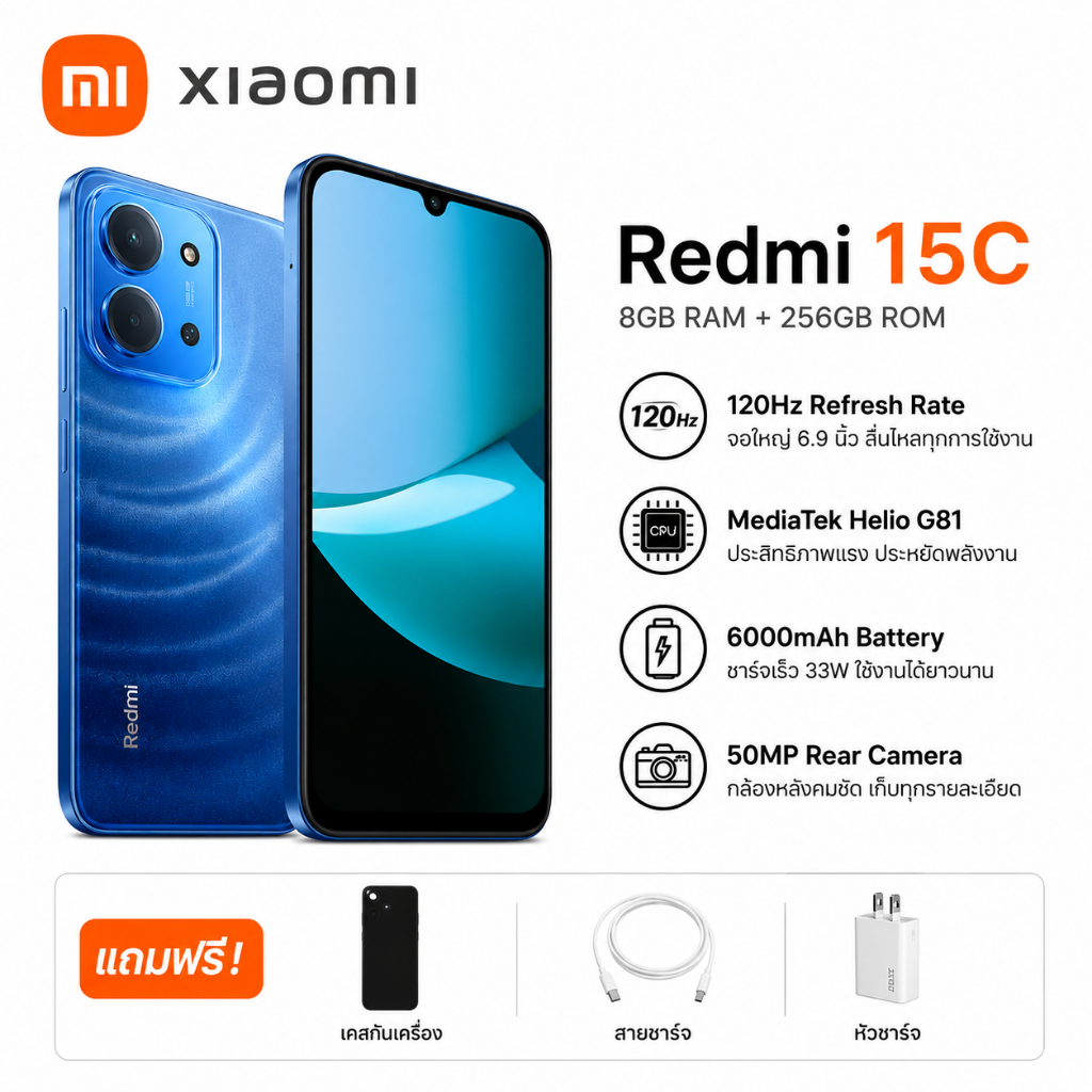 Redmi 15C 8GB+256GB สมาร์ทโฟน หน้าจอ 6.9 นิ้ว 120Hz Helio G81 Ultra แบตเตอรี่ 6000mAh ชาร์จไว 33W NFC