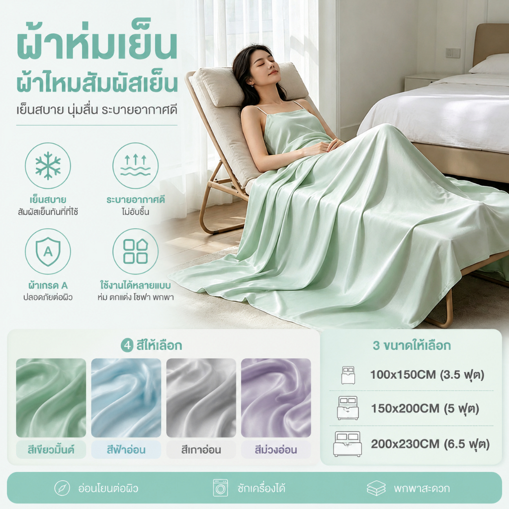 ผ้าห่มไหมน้ำแข็ง ผ้าห่มไหมเย็น 3.5/5/6.5ฟุต Aระดับผ้า บางเบาระบายอากาศ ซักเครื่องได้ มเก้าอี้พักผ่อน โซฟา เตียงblanket
