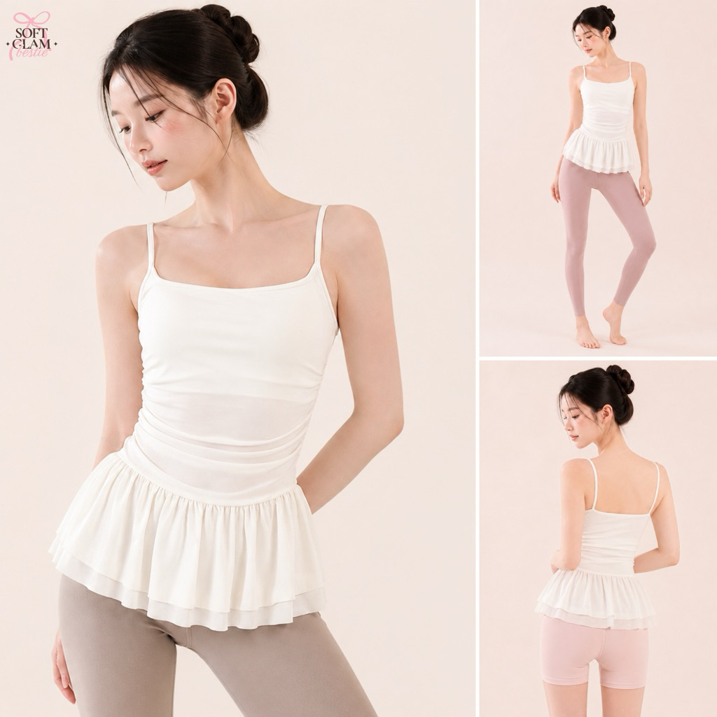 Ballerina Top | เสื้อออกกำลังกายผู้หญิง มีบราในตัว มีระบายปิดสะโพก สี Ivory