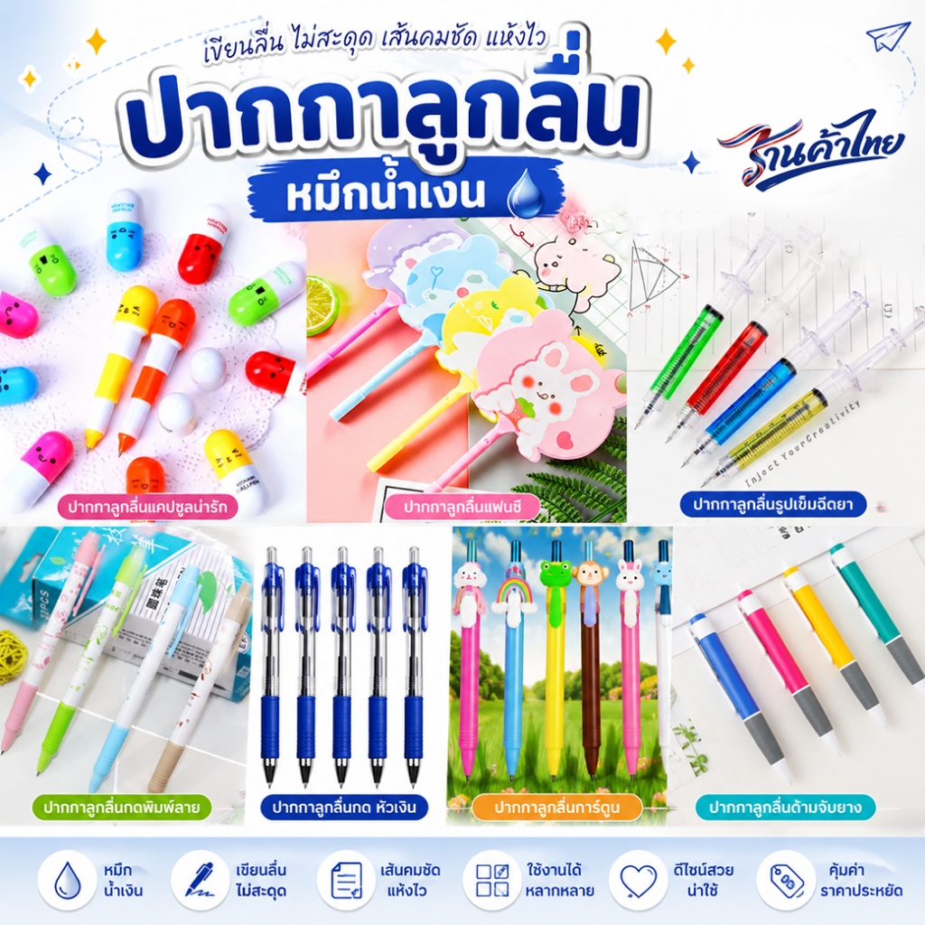 🔥ถูกจริง!!🔥รวมปากกาลูกลื่นยอดฮิต ปากกาหัวการ์ตูนน่ารัก ปากกาพัด✔️พร้อมส่ง ปากกาแบบกด เครื่องเขียน