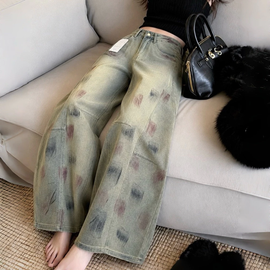 JINJEANS-3318 (XS-9XL) Barrel baggy Jeans กางเกงยีนส์ทรงหลวม กระบอกใหญ่ ขากว้าง สีมอสลาเต้ (Moss Latte)