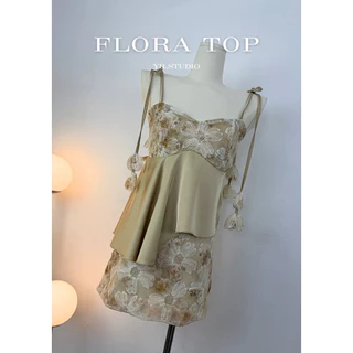 Flora Top (ราคา 390-) เสื้อสายเดี่ยวผ้าซาตินแต่งดอกไม้ handmade งานปักเลื่อม รอบอก30-42" ดีไซน์หรูหรา สำหรับผู้หญิง