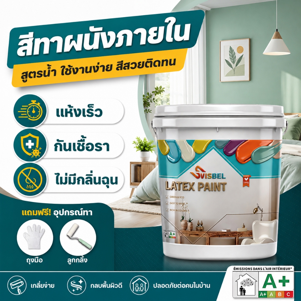 สีทาผนัง 5KG สำหรับผนังในบ้าน ใช้สำหรับรีโนเวท ซ่อมแซมผนัง ป้องกันรา กำจัดกลิ่น ไม่มีฟอร์มาลดีไฮด์ มิตรกับสิ่งแวดล้อม