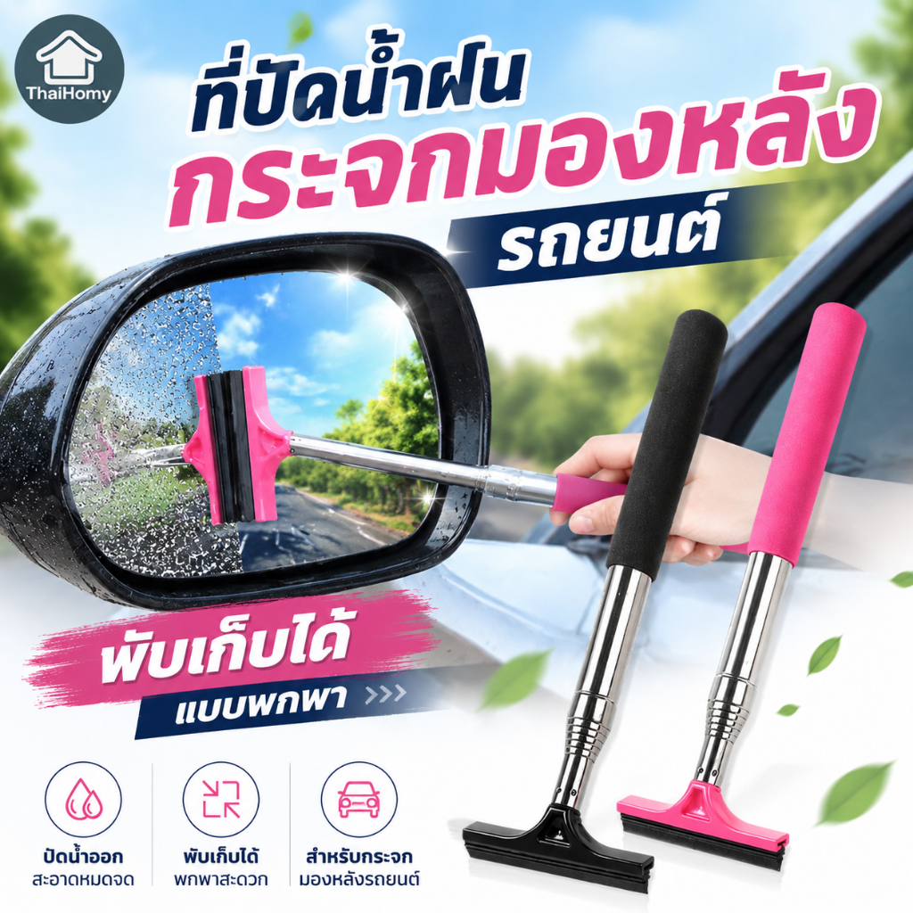 ที่ปัดน้ําฝนกระจกมองหลังรถยนต์ พับเก็บได้ แบบพกพา อุปกรณ์ทําความสะอาดกระจกหน้าต่าง