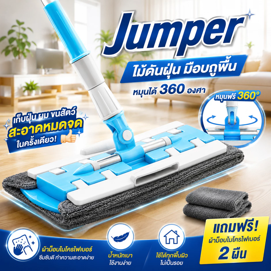 Jumper Kids ไม้ดันฝุ่น หมุนได้ 360 องศา พร้อมผ้าม๊อบไมโครไฟเบอร์ 2 ผืน