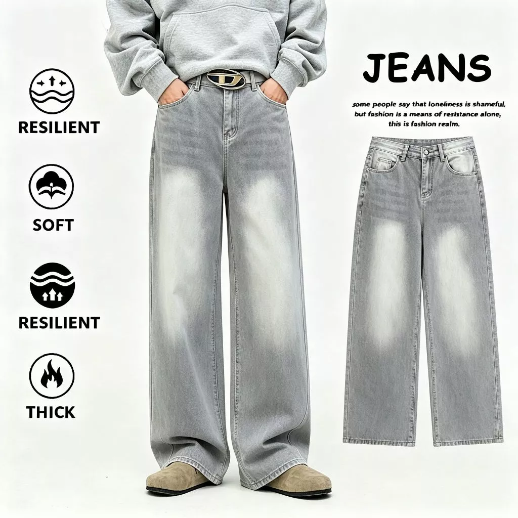 Geegoo กางเกงยีนส์ผู้ชายขากว้าง สไตล์อเมริกัน baggy jeans แบบเรียบง่าย ทรงกระบอกเอวสูง ขายาว ผ้าฝ้าย