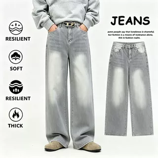 Geegoo กางเกงยีนส์ผู้ชายขากว้าง สไตล์อเมริกัน baggy jeans แบบเรียบง่าย ทรงกระบอกเอวสูง ขายาว ผ้าฝ้าย